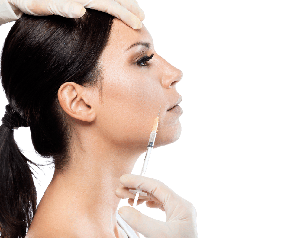 Picture of woman with black hair with cosmetic injection syringe next to her face