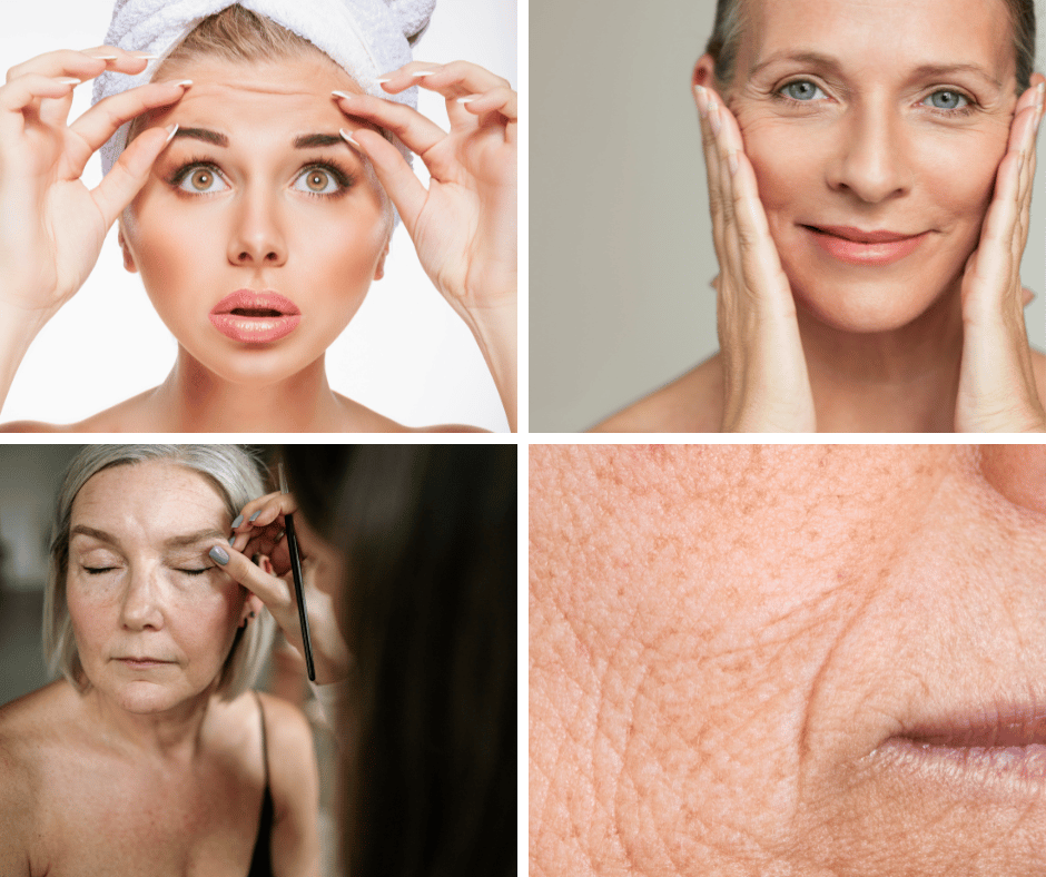 Collage picture of skincare for four women needing wrinkle treatment