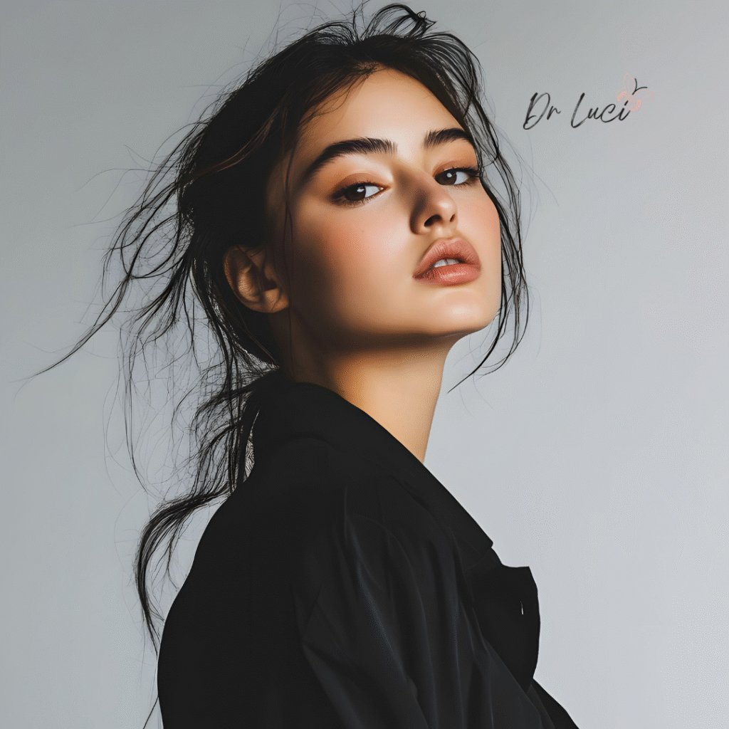 Beautiful woman in black on grey background and Dr Luci Clinic Logo in top right corner