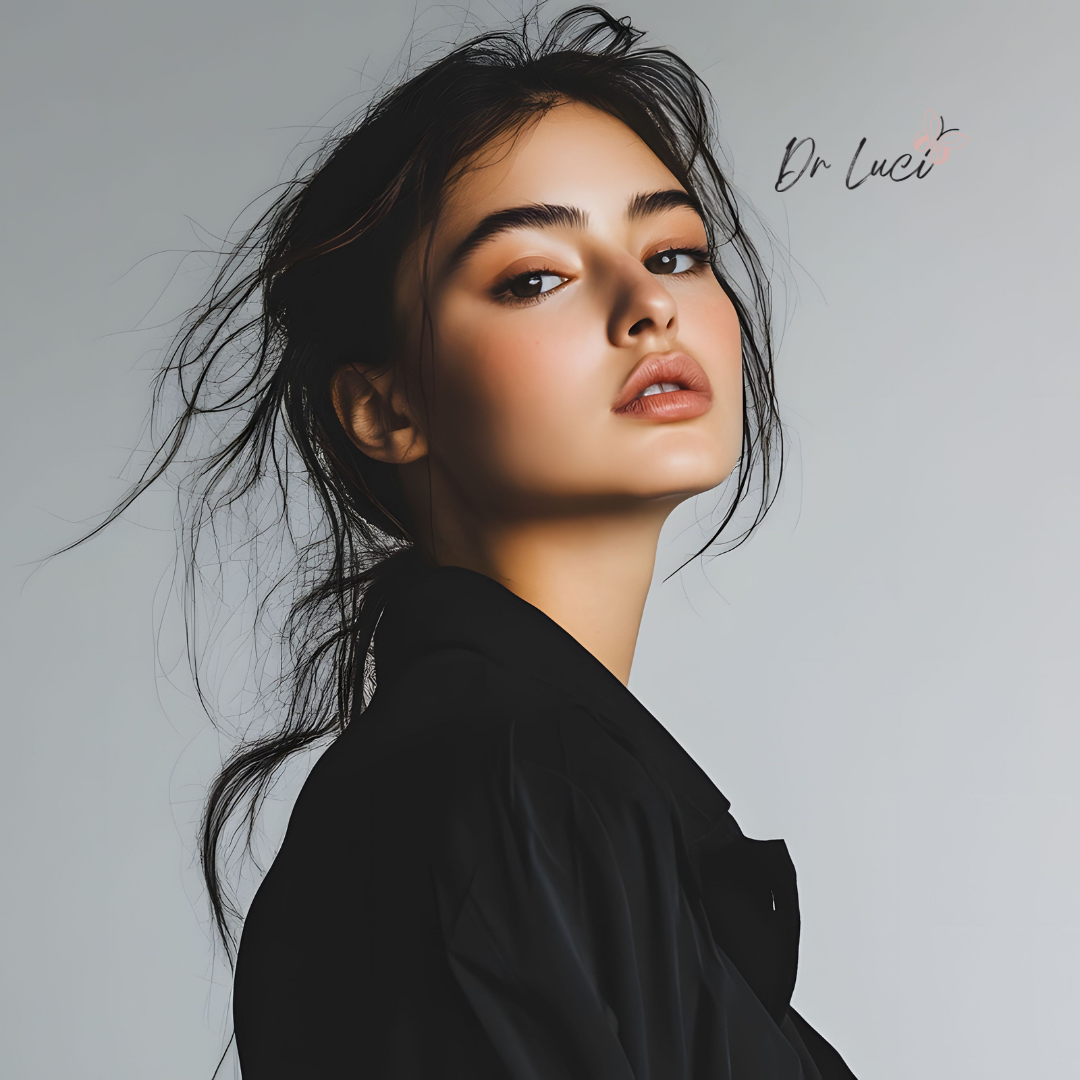 Beautiful woman in black on grey background and Dr Luci Clinic Logo in top right corner